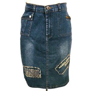 HongWei Y2K Denim Pencil Skirt Handilong Patch Stretch Size 4 (No Size Tag)